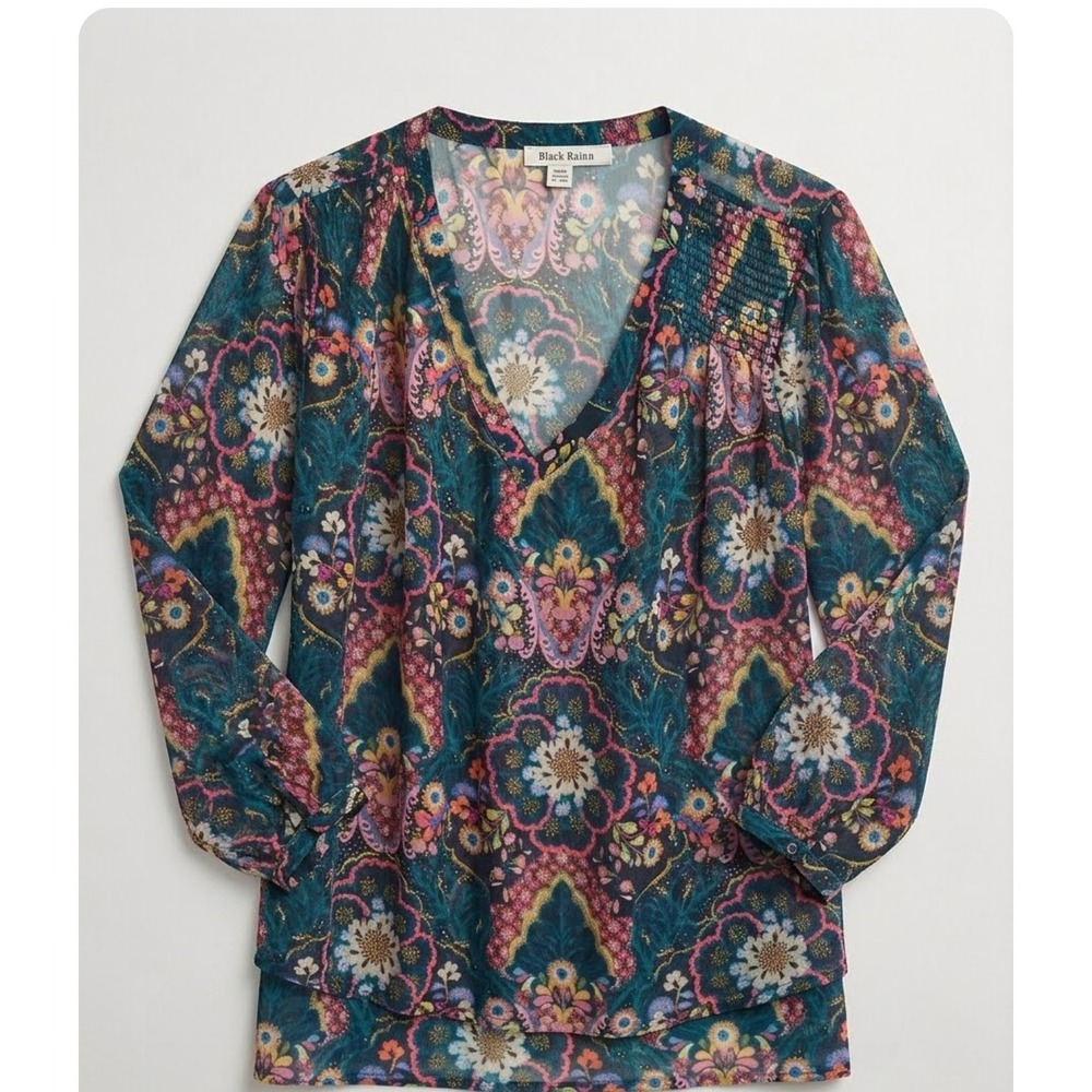 Boho Black Rainn Women Floral Paisley Sheer V-Neck Blouse Teal Pink 2X